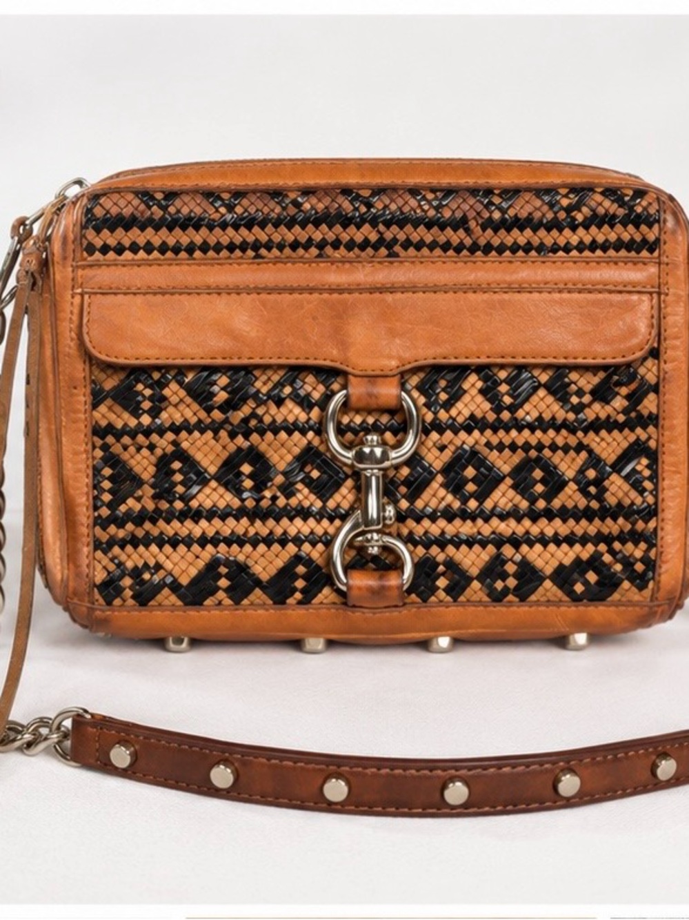 Rebecca Minkoff Tan Leather Crossbody Woven Design - Chain Strap